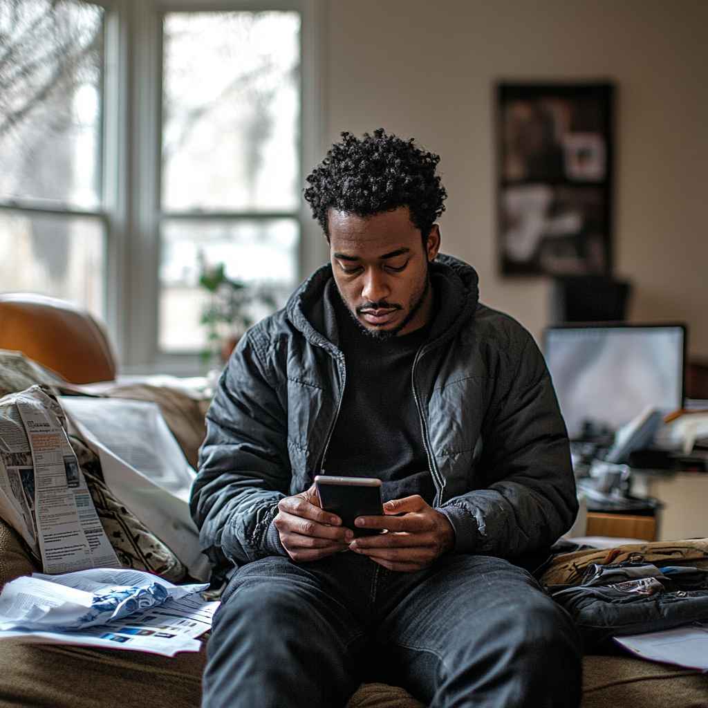 Candidate appearing unprepared during a phone interview at home.

