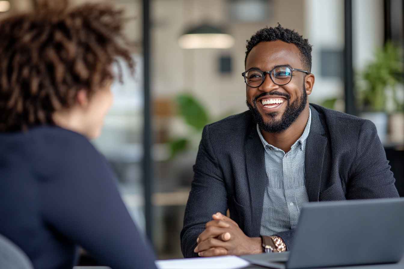 Manager providing feedback to an employee during a one-on-one review.