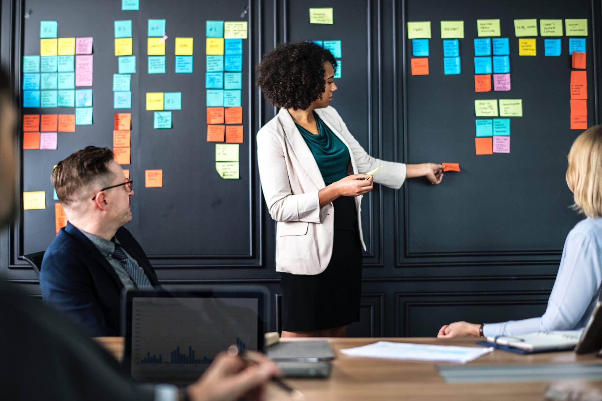 Employee in front of a team, sharing ideas and presenting on sticky notes