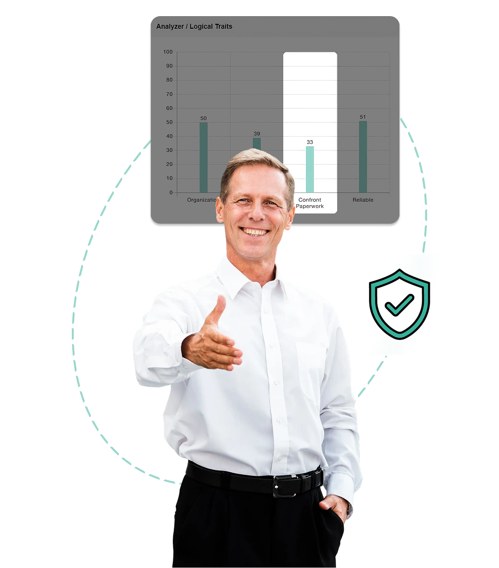 A confident professional extending a handshake with a trust badge icon, accompanied by a performance chart illustrating the reliable trait score.