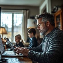 A photo of a professional working remotely in a home office setting and his children are playing around.
