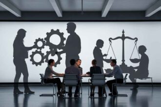 Employees in meeting whose shadows form symbolic words like teamwork, metaphor for invisible culture shaping behavior.