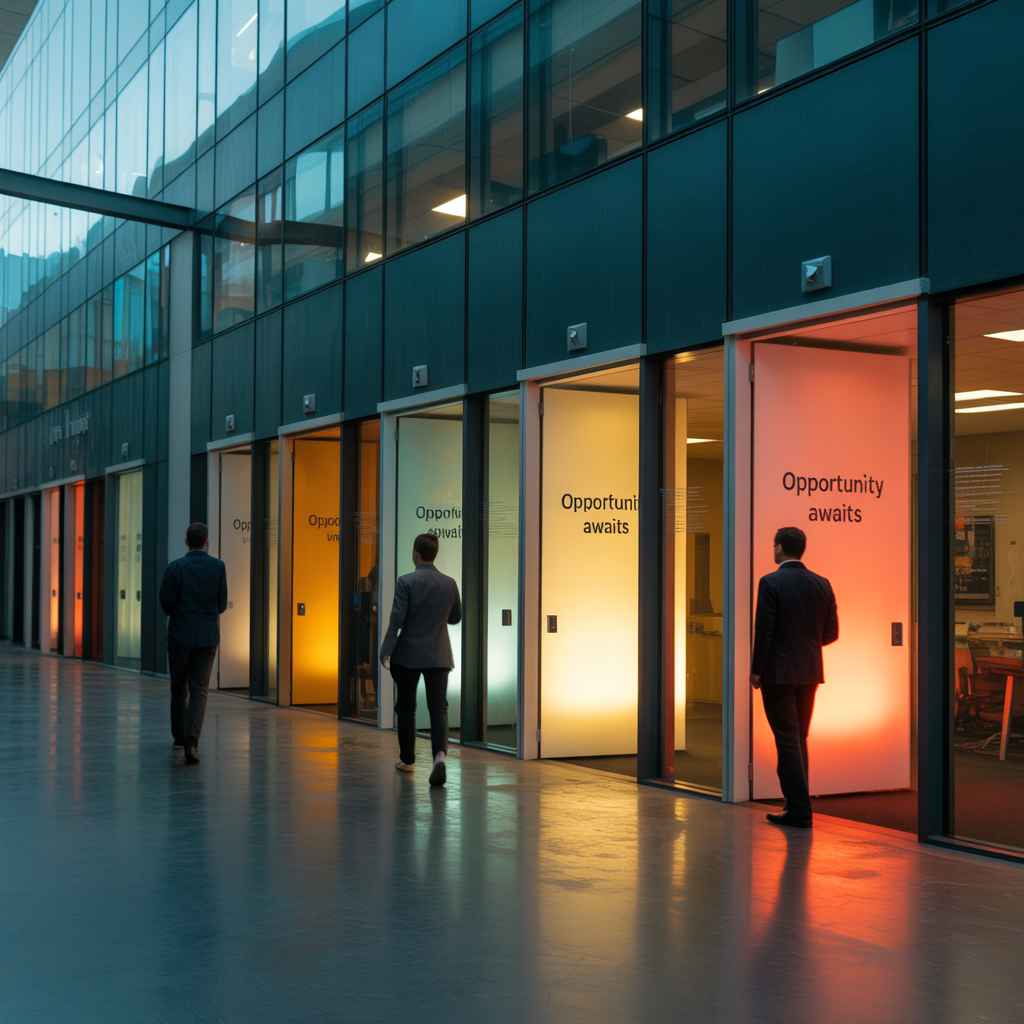 Office corridor with glowing doors attracting employees, metaphor for culture guiding and attracting talent.