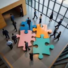 Office floor shaped like puzzle pieces with employees forming a connected image, metaphor for company culture as invisible glue. Recruitment Marketing.