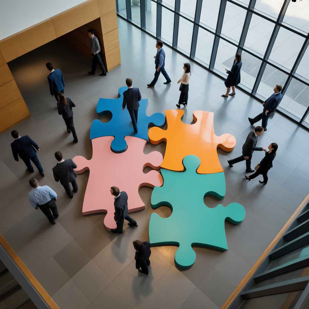 Office floor shaped like puzzle pieces with employees forming a connected image, metaphor for company culture as invisible glue.