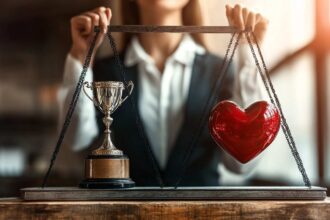 Charismatic salesperson balancing a trophy and a glowing heart on a large scale, symbolizing the blend of personality and skill in sales success.