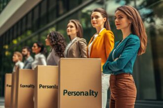 Diverse team of hiring professionals standing on a foundation block labeled “Personality” symbolizing how understanding personality underpins organizational success.