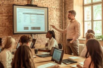 A sales team leader is sharing a plan with the team on a large screen.