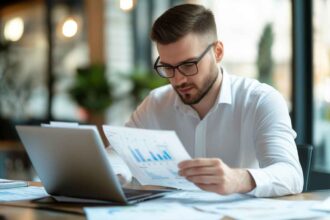 HR professional reviewing workplace personality assessment reports in an office setting.