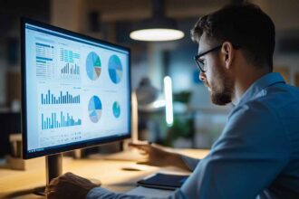 HR manager analyzing computer literacy test results on a dashboard.