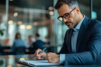 A male hiring manager in a corporate office reviewing a candidate’s writing test on paper.