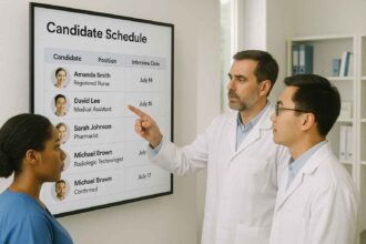Healthcare team reviewing ATS hiring data across multiple roles.