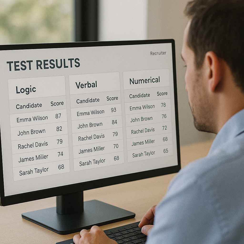 Recruiter analyzing cognitive test results across various reasoning categories.
