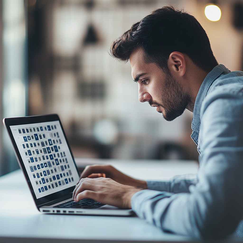 Man completing a non-verbal reasoning test involving abstract shape patterns.
