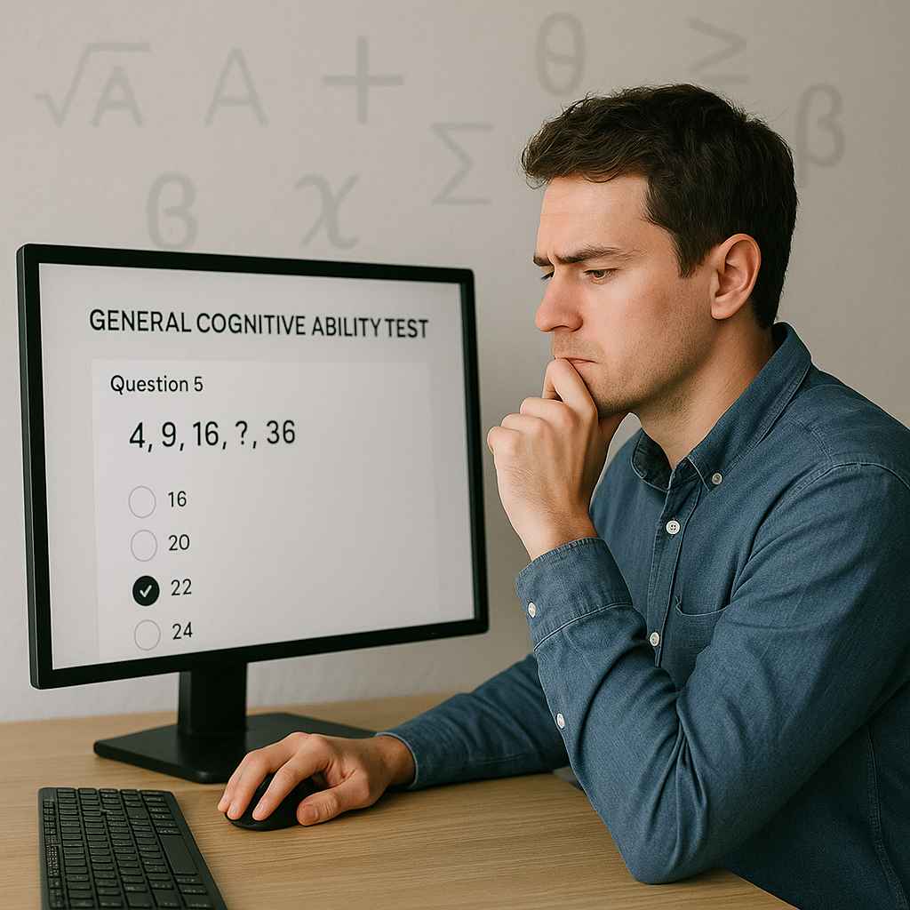 Candidate taking a general cognitive ability test with logic-based questions.