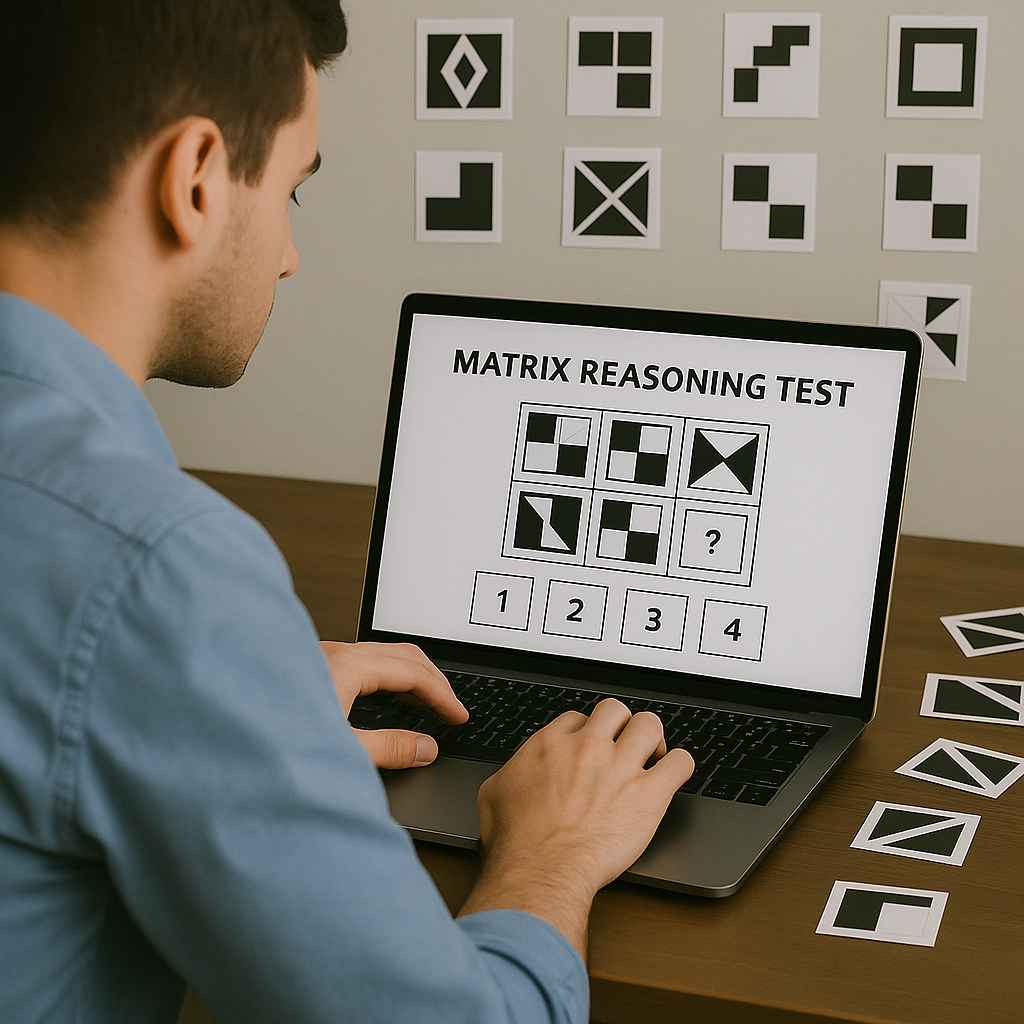 Candidate taking a matrix reasoning test online.