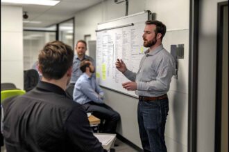 Male recruiter presenting the Big 5 OCEAN model traits to a small hiring team.