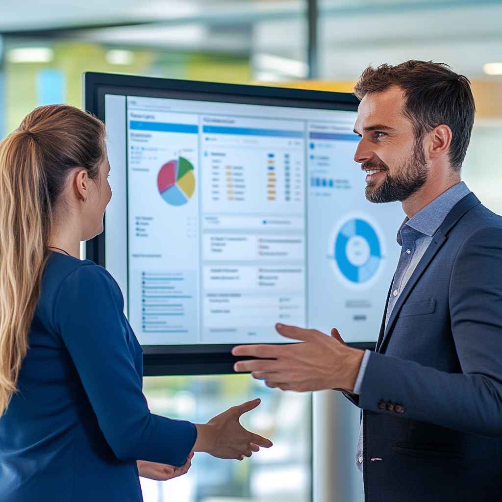 Male and female hiring managers reviewing Big 5 personality test dashboards on a large screen.