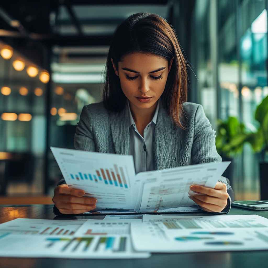 A female HR professional analyzing printed Big 5 personality test results in a modern office setting.