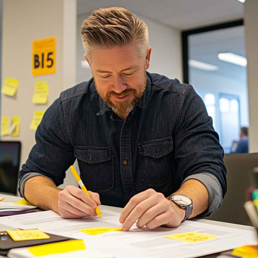 Male team leader highlighting important traits on printed Big 5 personality test results.