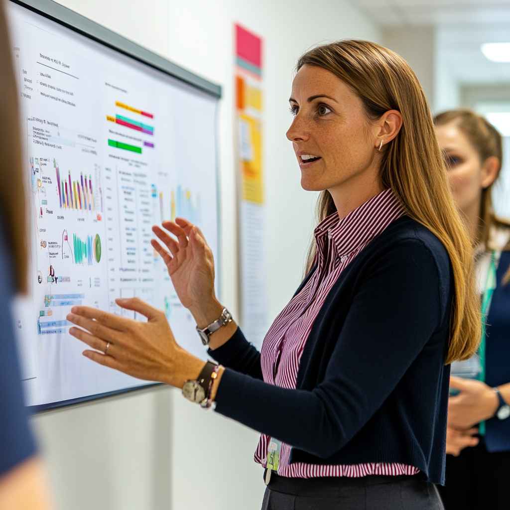 Team leader explaining Big 5 Personality Test results using a printed score sheet in a meeting.
