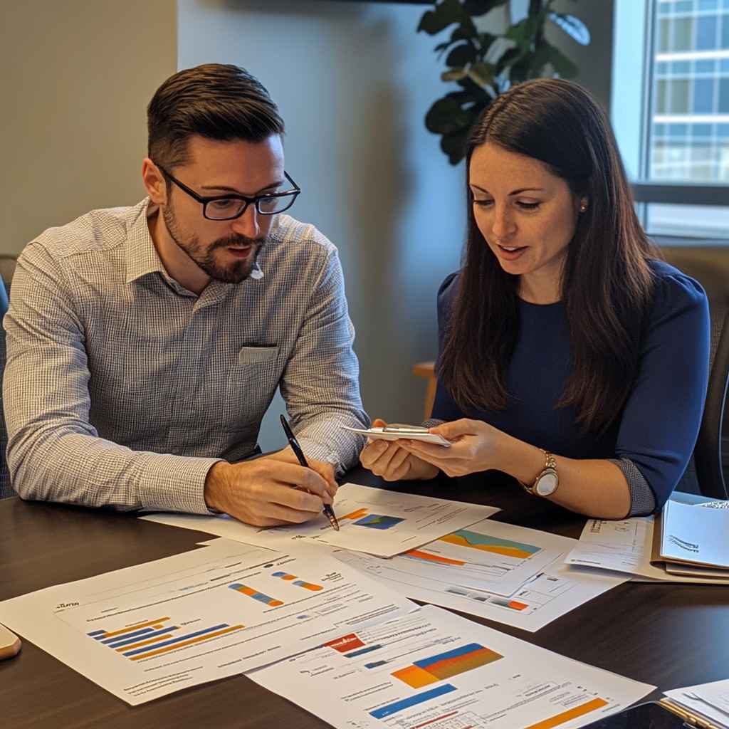Hiring managers using printed Big 5 Personality Test score sheets in an interview process.