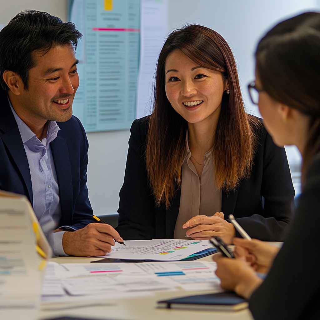 A team of professionals using printed Big 5 Personality Test score sheets during a workplace assessment session.