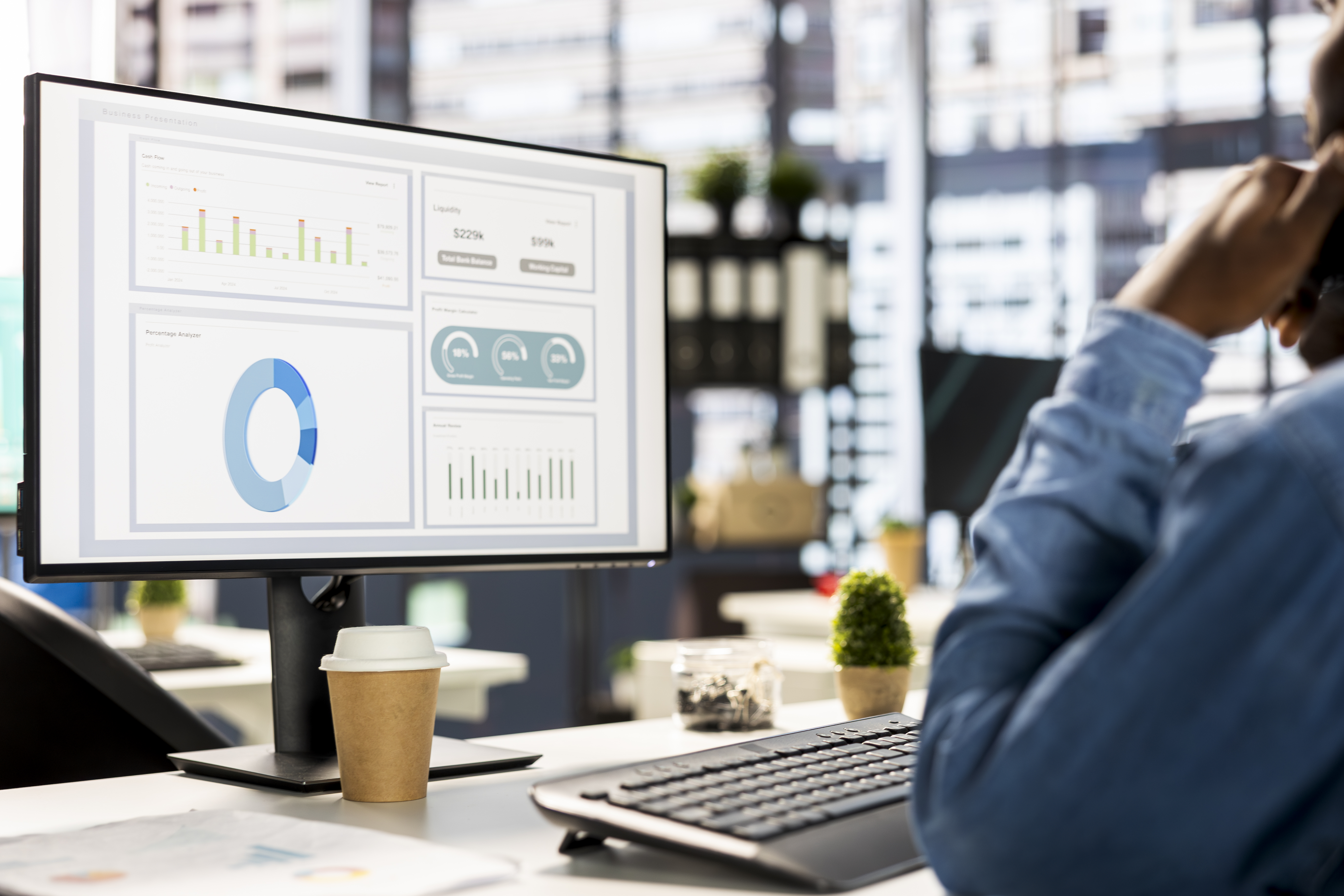 Businessman studying infographics and performance metrics for decision making, focused on project goals. Executive assistant managing business tasks and reviewing data, showcasing expertise.