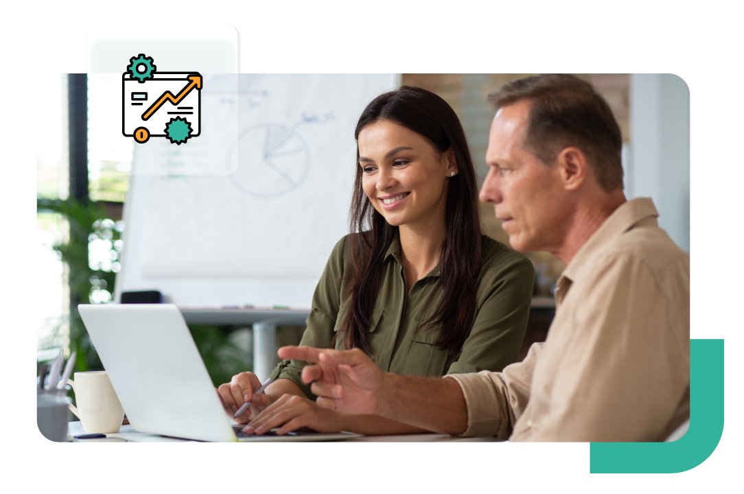 Smiling team reviewing performance data together on a laptop with growth strategy icon