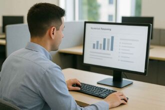 Candidate completing a numerical reasoning test on a computer.