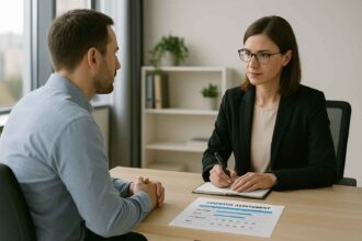 HR manager discussing cognitive test results with a male candidate during an interview.