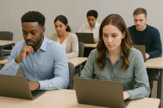 Candidates taking cognitive reasoning tests during the screening process.