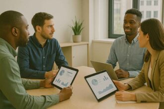 Interview panel evaluating candidates using digital numerical reasoning assessments.
