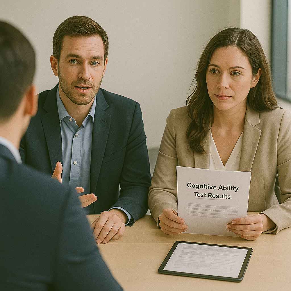 Two interviewers combining behavioral and cognitive questions in a structured candidate interview.