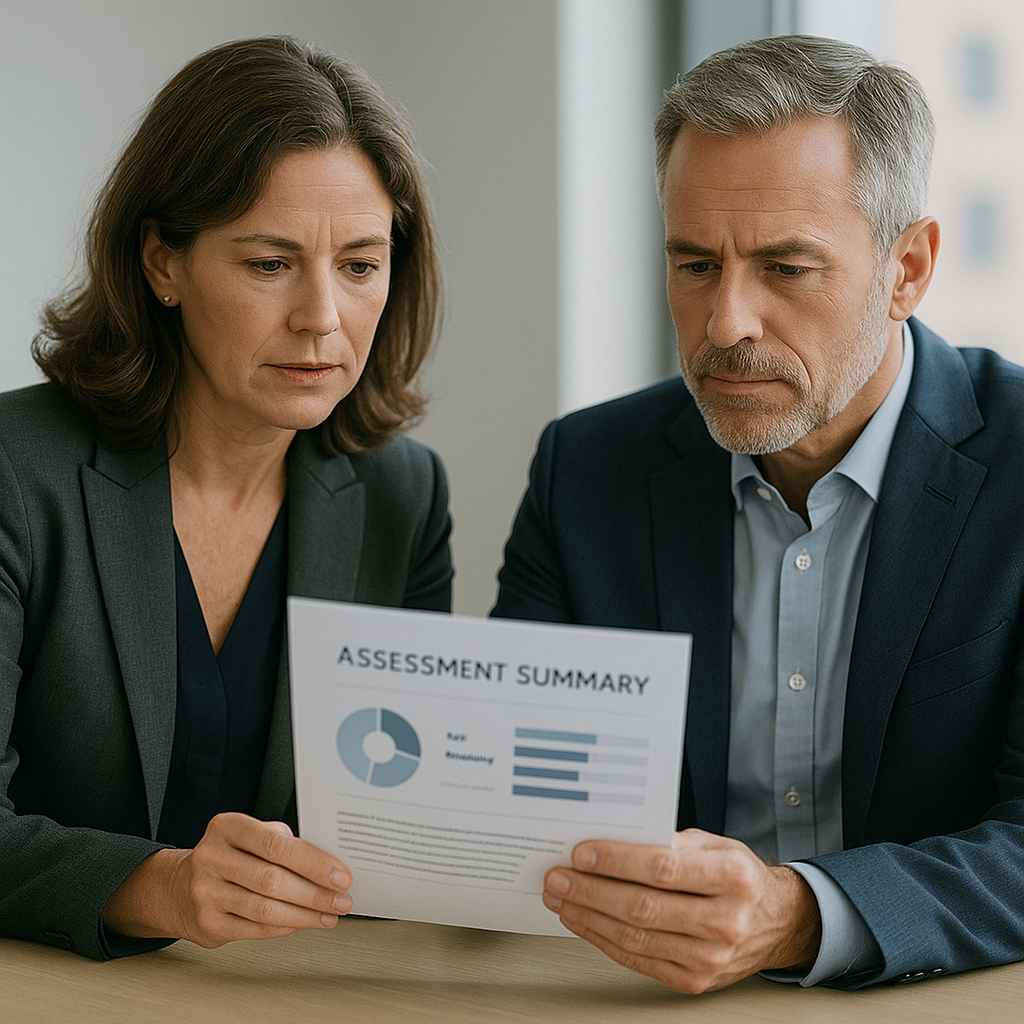 HR leader and CEO discussing candidate numerical reasoning test performance.