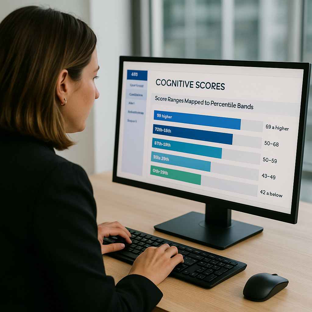 HR manager analyzing cognitive test percentile scores on dashboard.