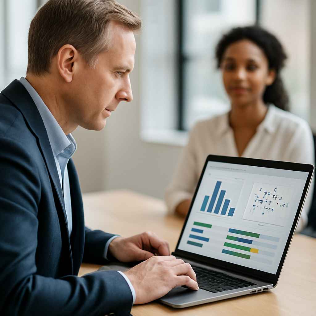 Interviewer reviewing a candidate’s numerical reasoning results during a job interview.