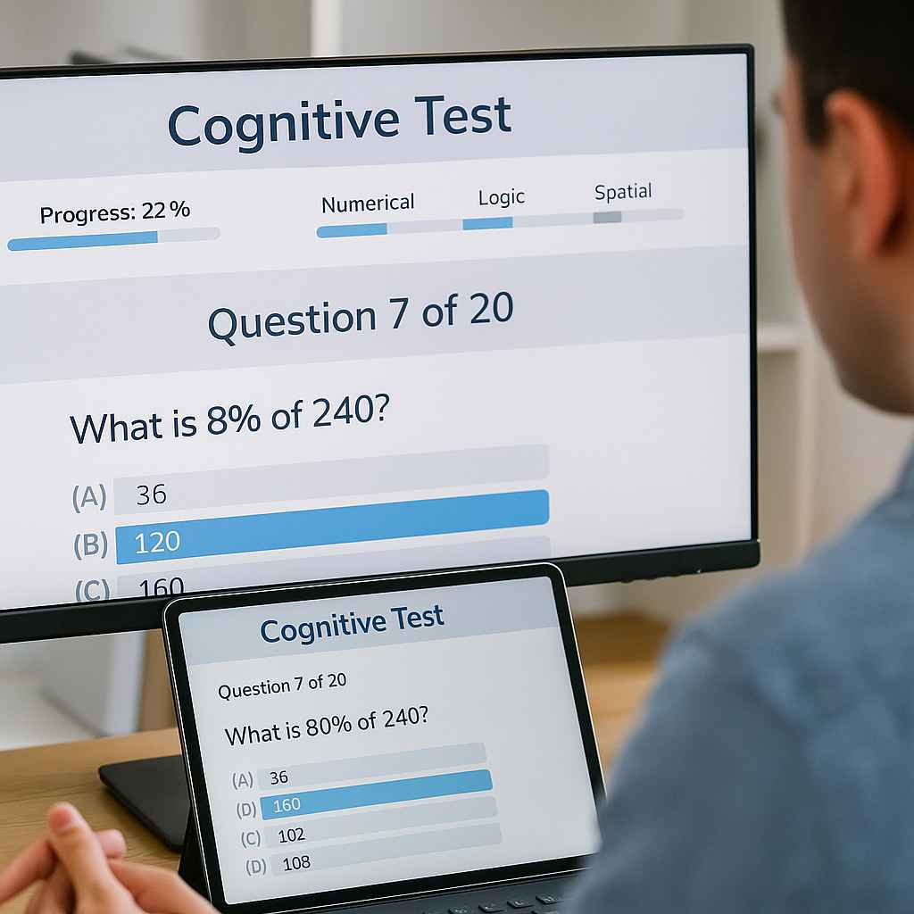 Candidate completing an online cognitive assessment with live feedback.