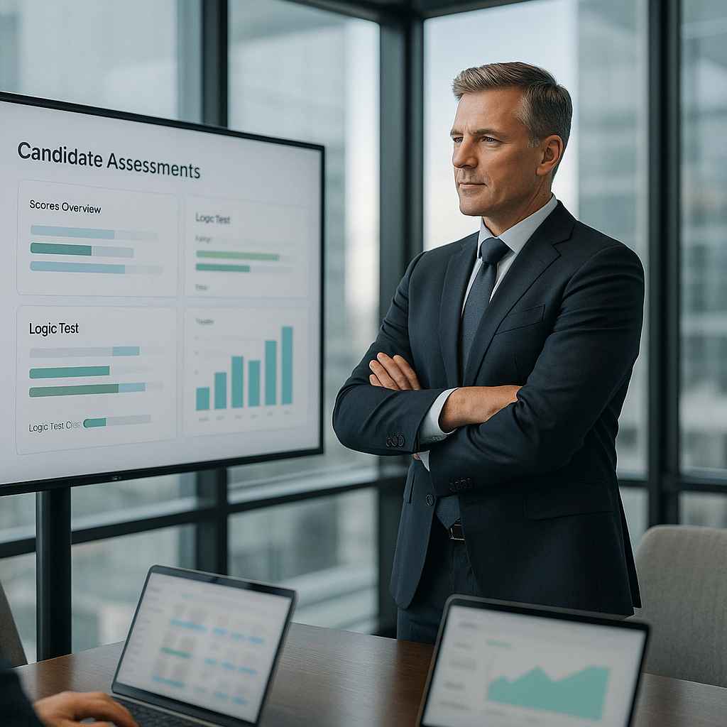 CEO analyzing numerical reasoning test results on a performance dashboard.