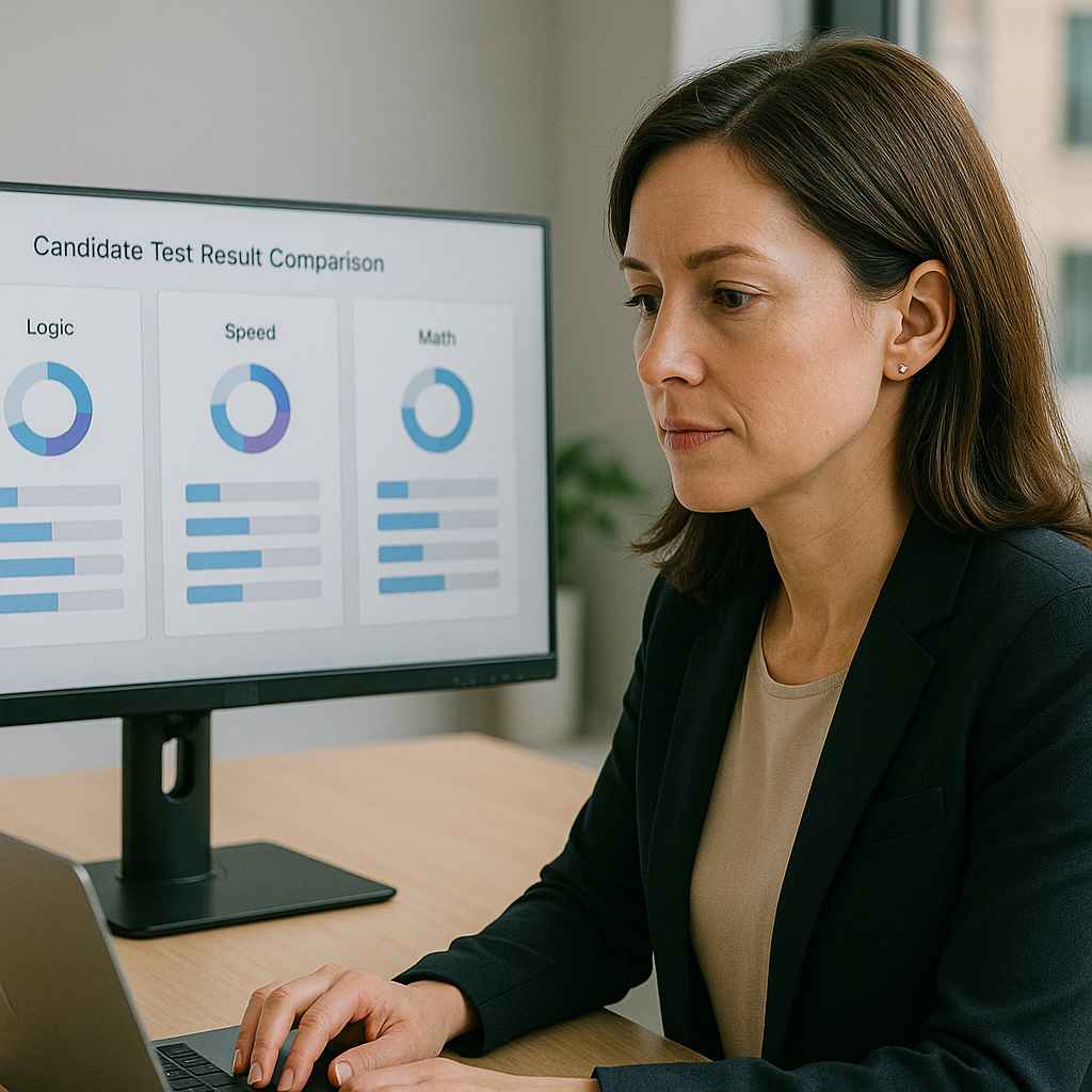 Hiring manager comparing candidate cognitive and numerical test results.