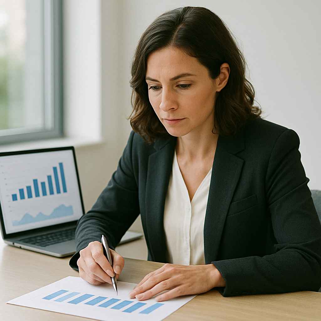 Hiring manager analyzing a revenue chart during candidate evaluation.