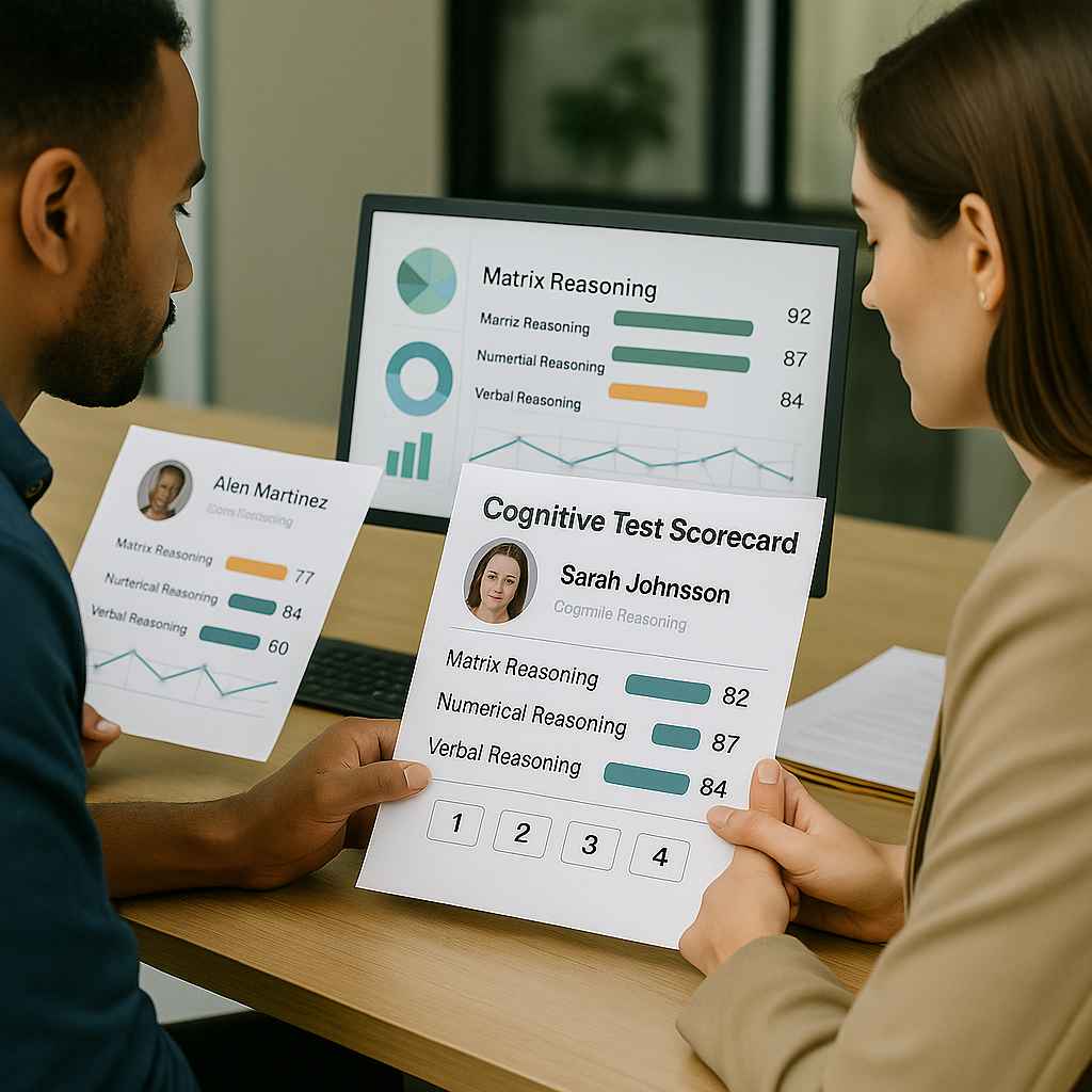 Recruiters reviewing visual cognitive ability test results for job candidates.