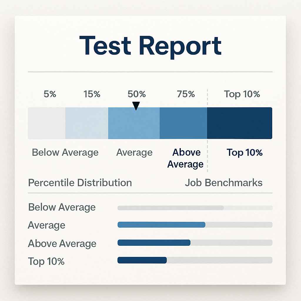 Cognitive score report showing percentile rank and job benchmark guidance.