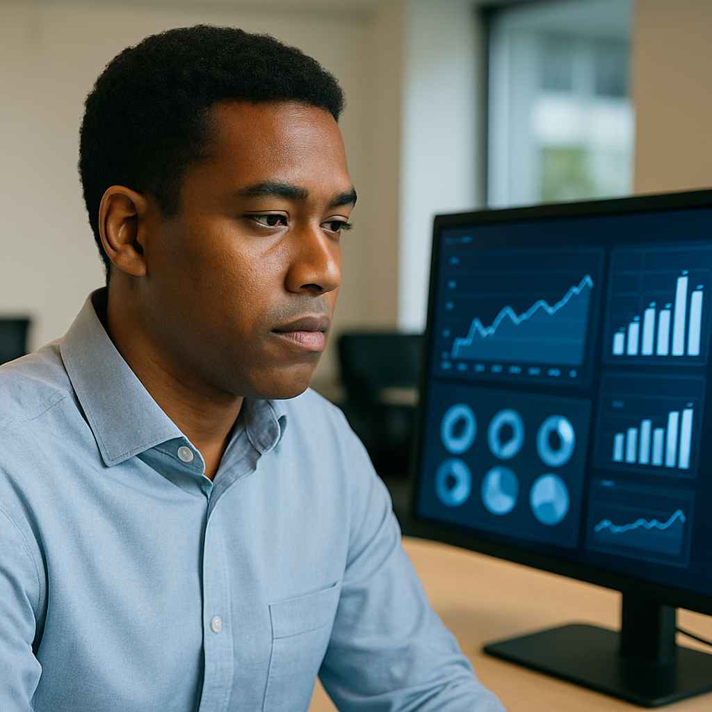 Finance professional reviewing complex numerical data on a screen.