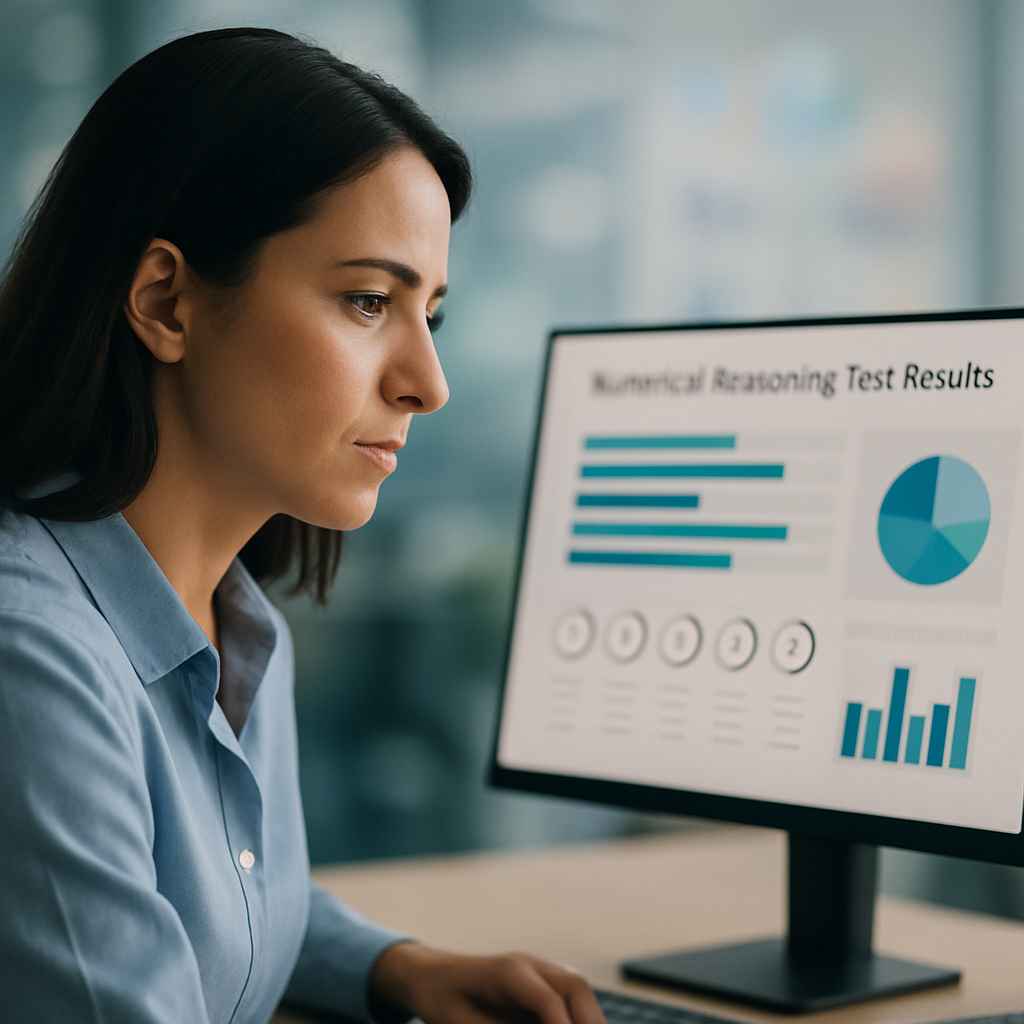 HR manager reviewing numerical reasoning test insights on a hiring dashboard.
