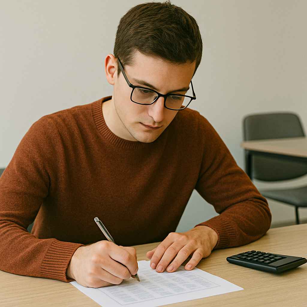 andidate analyzing financial data in a numerical reasoning exercise.