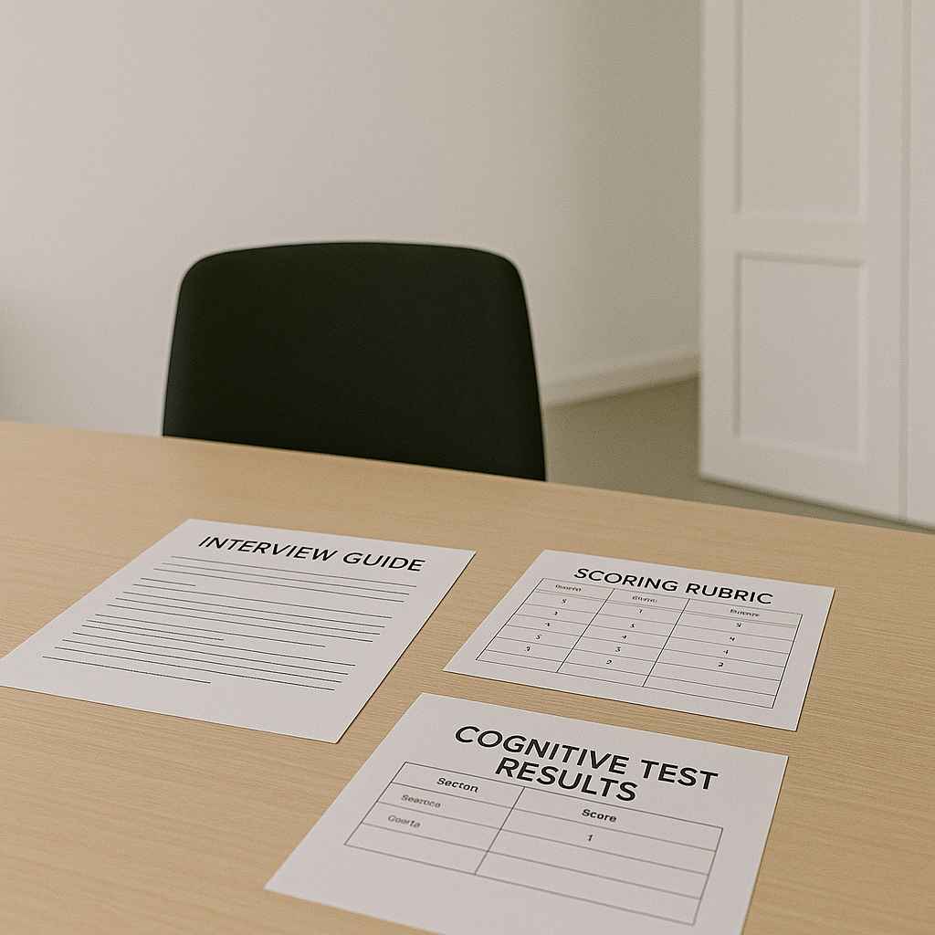Interview table setup with structured interview questions, scoring rubric, and test results.