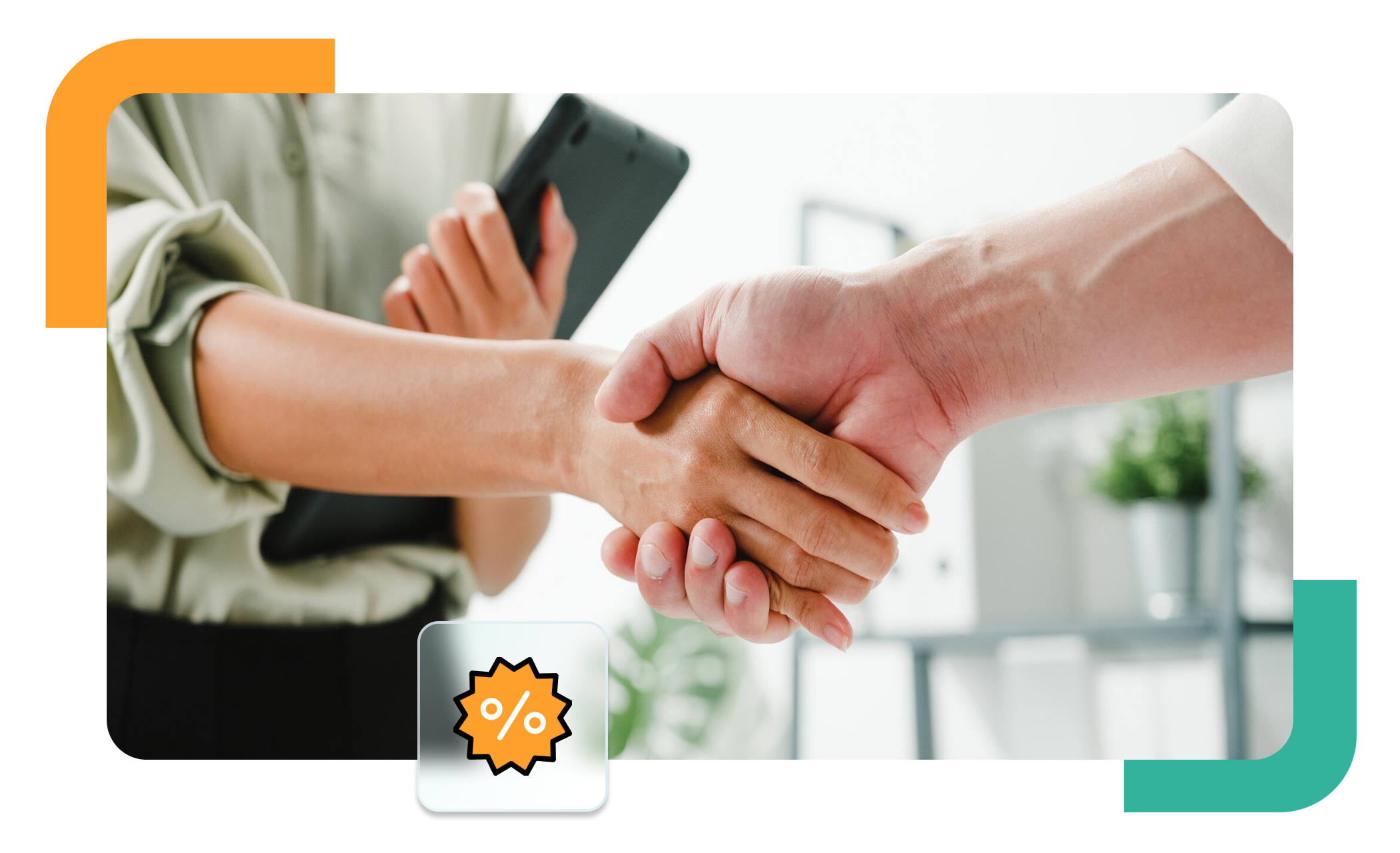 Close-up of a professional handshake between two individuals, one holding a digital tablet, symbolizing a successful sales agreement or deal in a modern office setting. A percentage icon in the lower corner suggests a focus on sales, pricing, or discount negotiations.