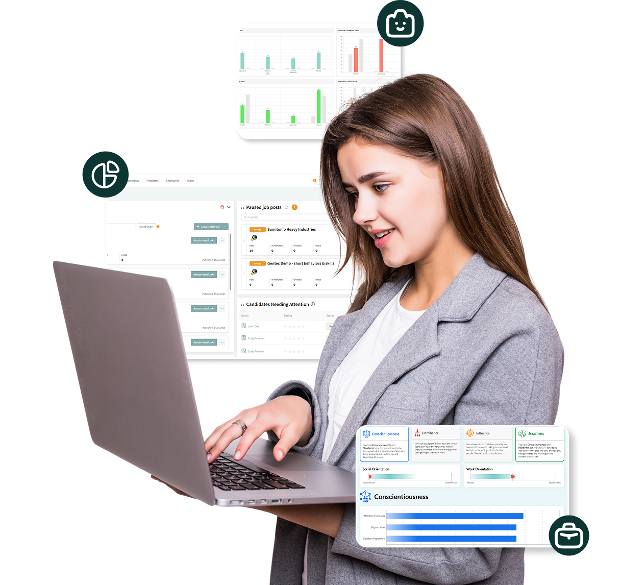 Woman reviewing candidate analytics on a laptop with overlayed dashboards showing job post status, performance charts, and DISC assessment results.