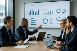 Hiring panel reviewing verbal and logical test results during executive recruitment.